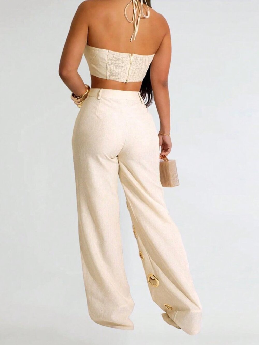 Apricot Sexy Women's halter‑neck tank top & high‑waist long pants Two Pieces Set - Picture 2 of 7